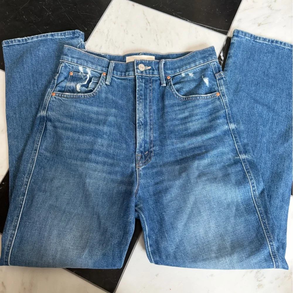 MOTHER High-Rise Straight Blue Jeans